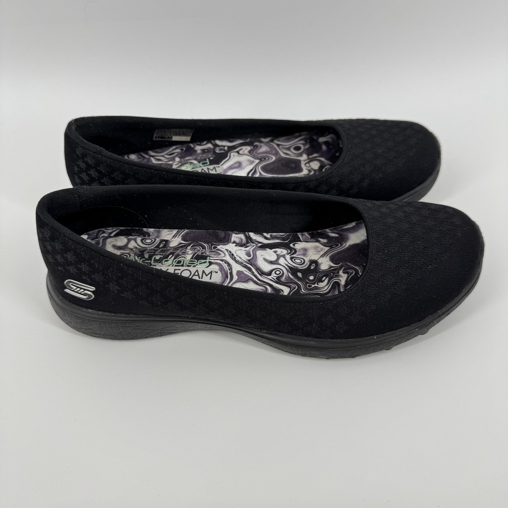 Skechers Memory Foam Shoes Womens Size 7.5 Black Slip On Ballet Comfort 23372